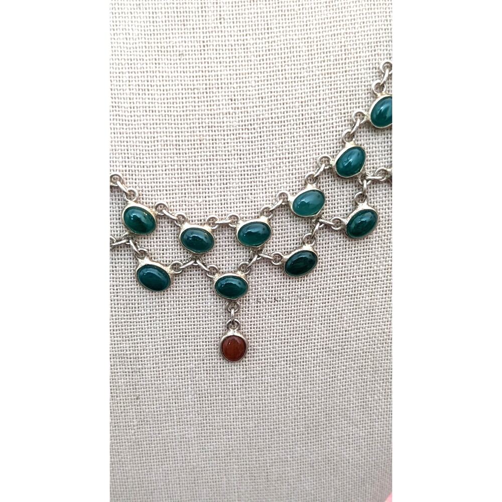 Vtg Green & Red Onyx Cabochons 925 Sterling Silver Collar Hook Clasp Necklace - Picture 3 of 11